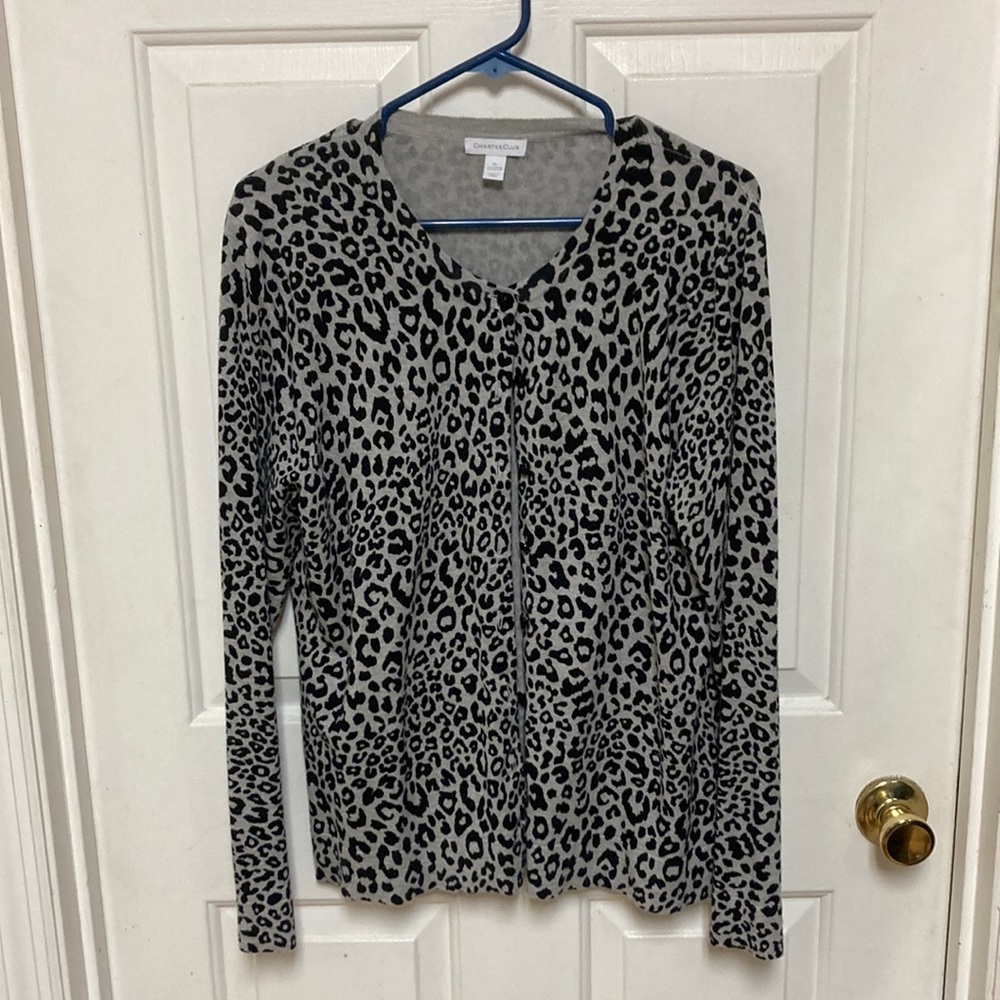 Charter Club Heather Gray and black leopard print cardigan